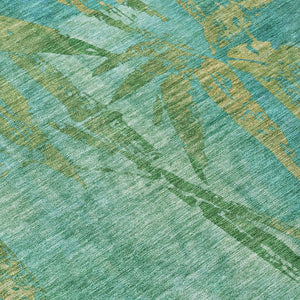 HomeRoots 10' X 14' Teal Blue & Gold Botanical Leaves Rug - Durable, Washable for Indoor/Outdoor Use, Easy Care! 639244