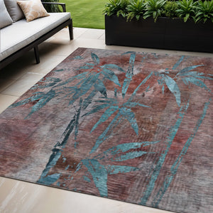 HomeRoots 5' X 8' Washable Terra Cotta & Teal Botanical Leaves Rug – Stylish Indoor/Outdoor Decor Solution! 639246