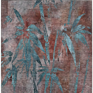 HomeRoots 5' X 8' Washable Terra Cotta & Teal Botanical Leaves Rug – Stylish Indoor/Outdoor Decor Solution! 639246