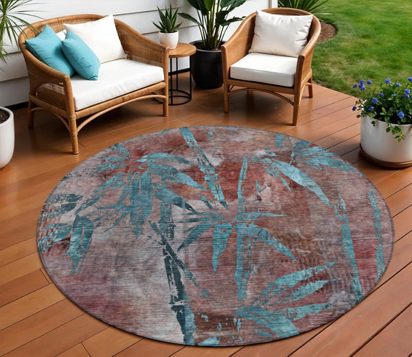 HomeRoots 8' Stylish Round Botanical Leaves Area Rug in Terra Cotta & Teal Blue - Washable & Durable Design! 639247