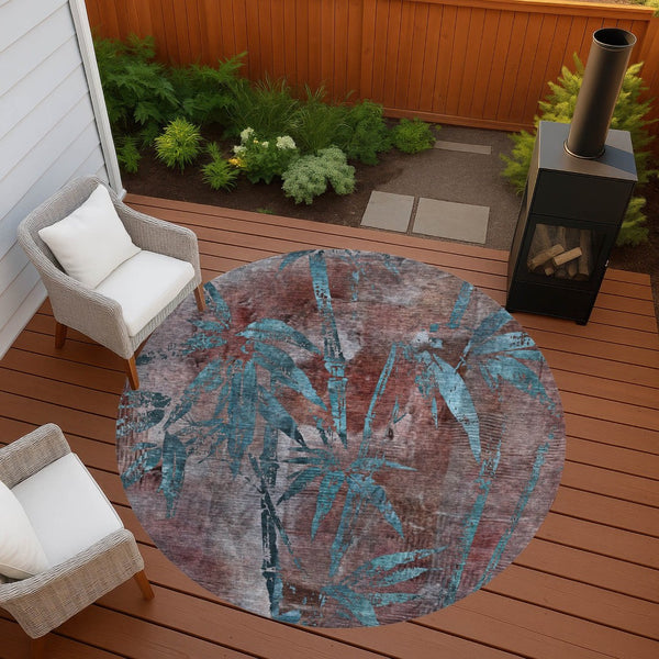 HomeRoots 8' Stylish Round Botanical Leaves Area Rug in Terra Cotta & Teal Blue - Washable & Durable Design! 639247