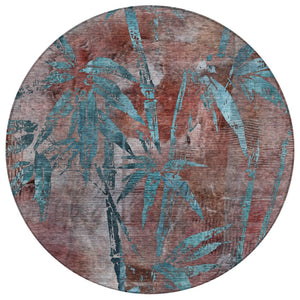 HomeRoots 8' Stylish Round Botanical Leaves Area Rug in Terra Cotta & Teal Blue - Washable & Durable Design! 639247