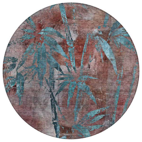 HomeRoots 8' Stylish Round Botanical Leaves Area Rug in Terra Cotta & Teal Blue - Washable & Durable Design! 639247