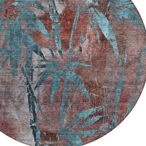 HomeRoots 8' Stylish Round Botanical Leaves Area Rug in Terra Cotta & Teal Blue - Washable & Durable Design! 639247