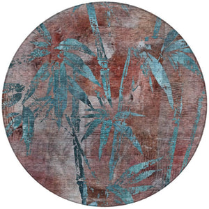 HomeRoots 8' Stylish Round Botanical Leaves Area Rug in Terra Cotta & Teal Blue - Washable & Durable Design! 639247
