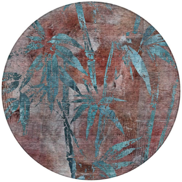 HomeRoots 8' Stylish Round Botanical Leaves Area Rug in Terra Cotta & Teal Blue - Washable & Durable Design! 639247