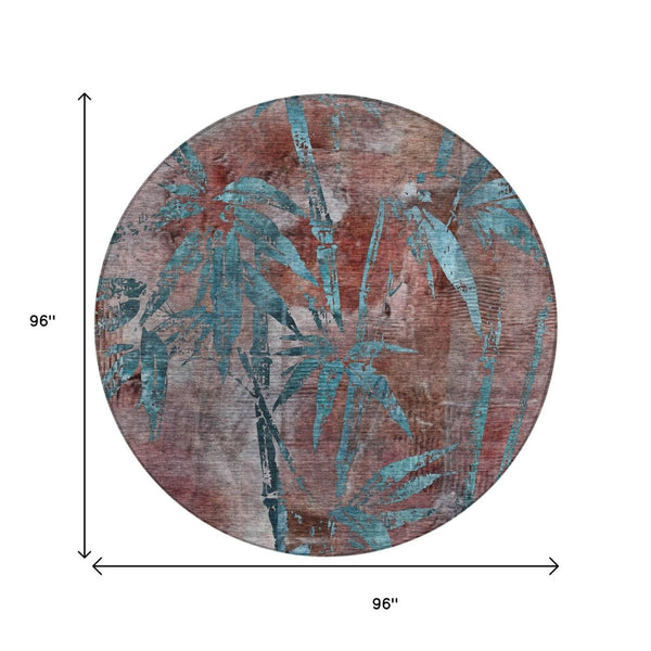 HomeRoots 8' Stylish Round Botanical Leaves Area Rug in Terra Cotta & Teal Blue - Washable & Durable Design! 639247