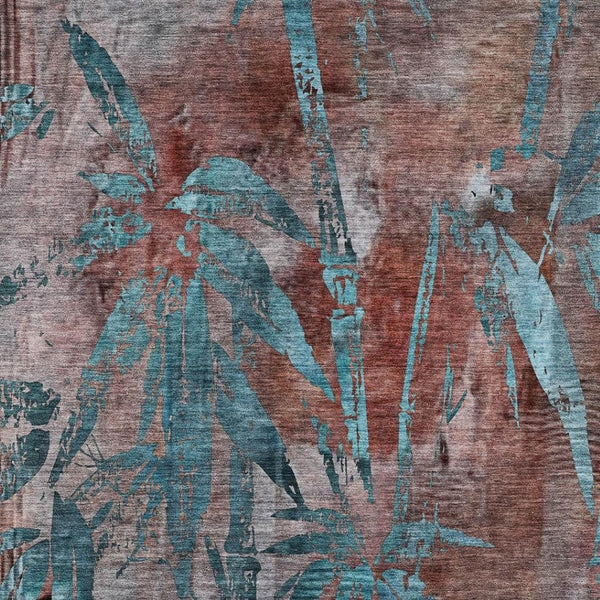 HomeRoots 8' X 10' Vibrant Terra Cotta and Teal Botanical Leaves Washable Rug for Indoor/Outdoor Spaces 639248