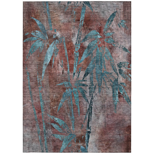HomeRoots 9' X 12' Durable Terra Cotta & Teal Botanical Leaves Rug - Washable for Indoor/Outdoor Use! 639249