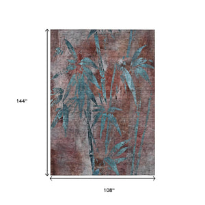 HomeRoots 9' X 12' Durable Terra Cotta & Teal Botanical Leaves Rug - Washable for Indoor/Outdoor Use! 639249