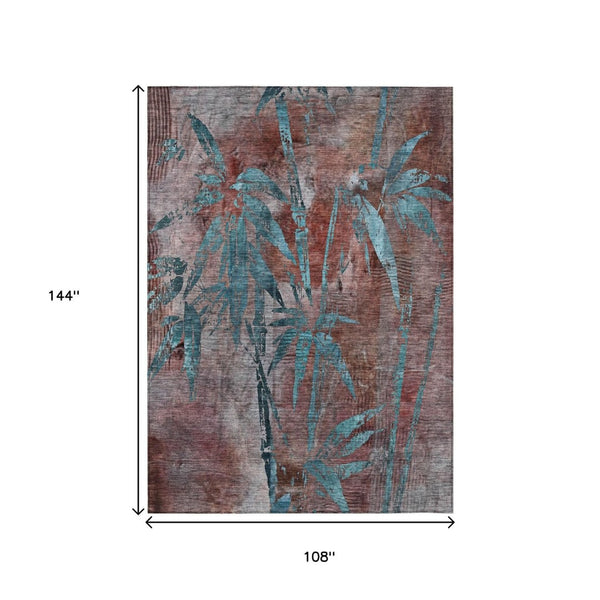 HomeRoots 9' X 12' Durable Terra Cotta & Teal Botanical Leaves Rug - Washable for Indoor/Outdoor Use! 639249