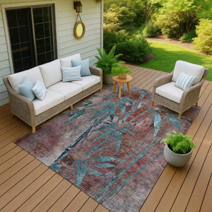 HomeRoots 9' X 12' Durable Terra Cotta & Teal Botanical Leaves Rug - Washable for Indoor/Outdoor Use! 639249