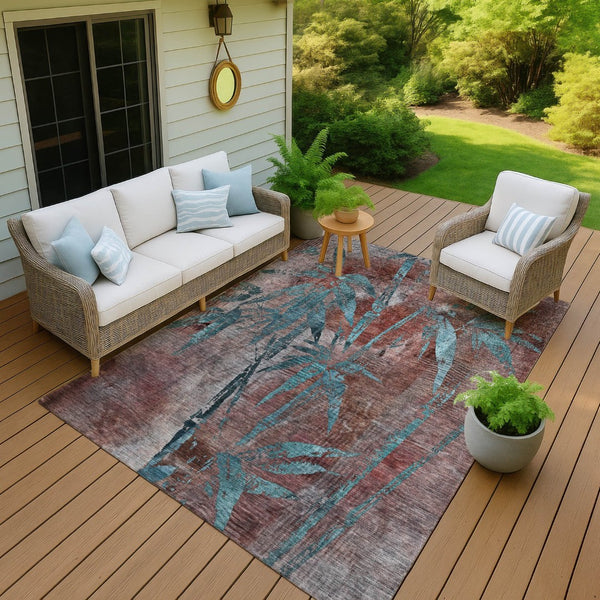 HomeRoots 9' X 12' Durable Terra Cotta & Teal Botanical Leaves Rug - Washable for Indoor/Outdoor Use! 639249