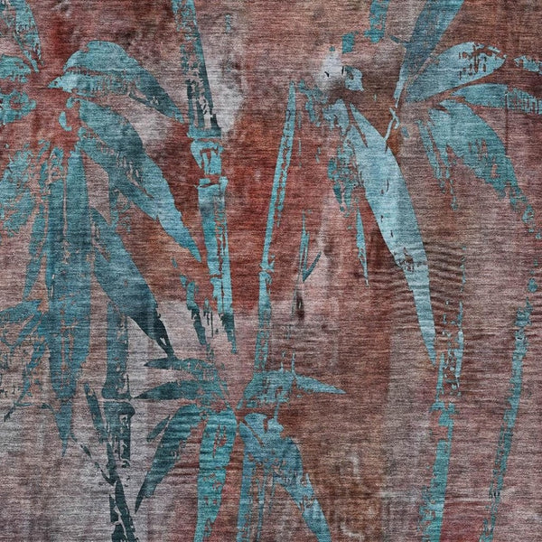 HomeRoots 9' X 12' Durable Terra Cotta & Teal Botanical Leaves Rug - Washable for Indoor/Outdoor Use! 639249
