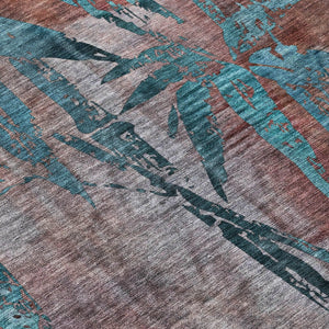 HomeRoots 9' X 12' Durable Terra Cotta & Teal Botanical Leaves Rug - Washable for Indoor/Outdoor Use! 639249