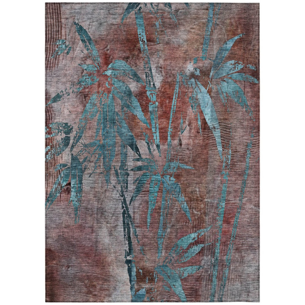 HomeRoots 10' Vibrant Terra Cotta and Teal Blue Botanical Leaves Washable Area Rug for Indoor & Outdoor Spaces 639250