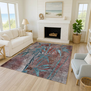 HomeRoots 10' Vibrant Terra Cotta and Teal Blue Botanical Leaves Washable Area Rug for Indoor & Outdoor Spaces 639250