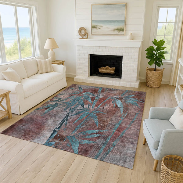 HomeRoots 10' Vibrant Terra Cotta and Teal Blue Botanical Leaves Washable Area Rug for Indoor & Outdoor Spaces 639250