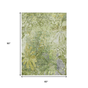 HomeRoots 5' X 8' Artichoke Green Floral Area Rug - Elegant, Washable, Indoor/Outdoor, Durable & Easy-Care Design 639252