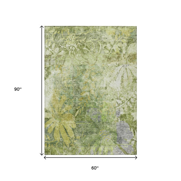 HomeRoots 5' X 8' Artichoke Green Floral Area Rug - Elegant, Washable, Indoor/Outdoor, Durable & Easy-Care Design 639252