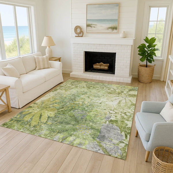 HomeRoots 5' X 8' Artichoke Green Floral Area Rug - Elegant, Washable, Indoor/Outdoor, Durable & Easy-Care Design 639252