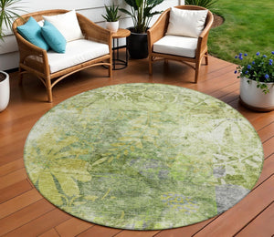 HomeRoots 8' Artichoke Green & Ivory Round Floral Rug - Durable, Washable, Perfect for Indoor/Outdoor Use! 639253