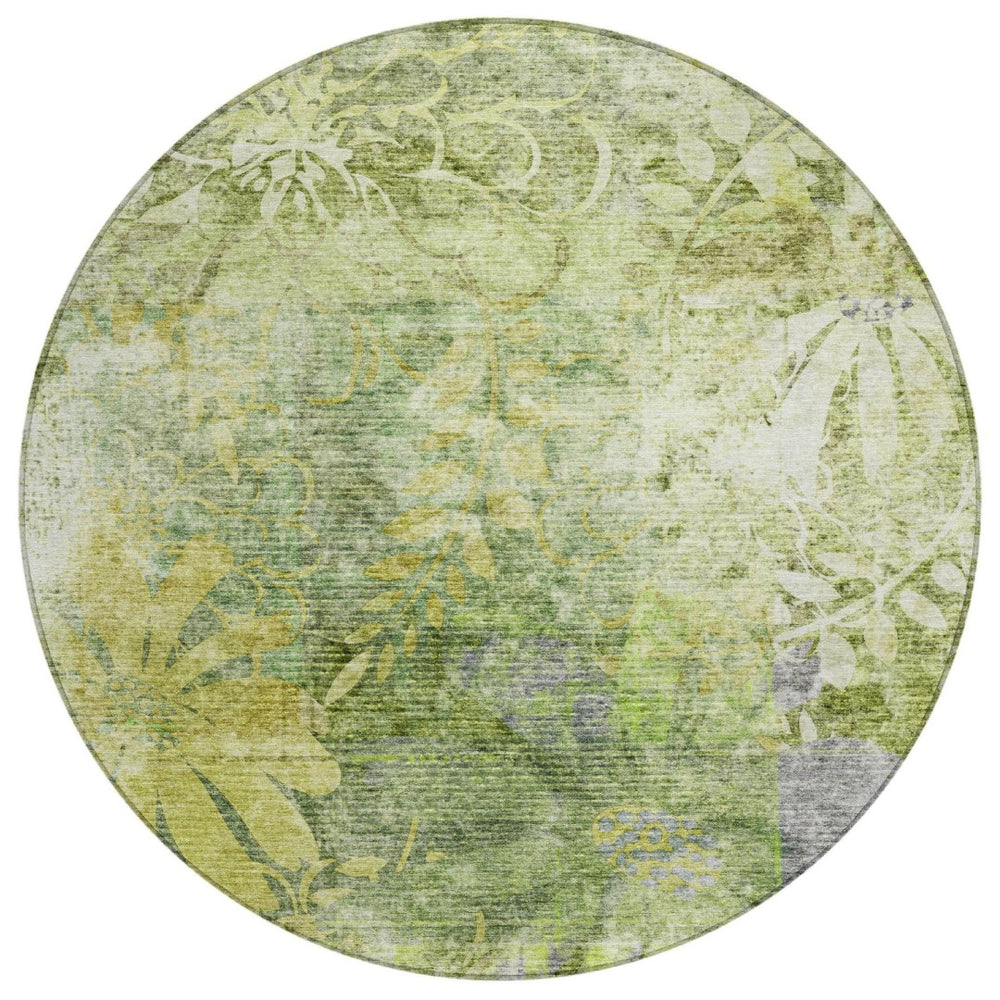 HomeRoots 8' Artichoke Green & Ivory Round Floral Rug - Durable, Washable, Perfect for Indoor/Outdoor Use! 639253