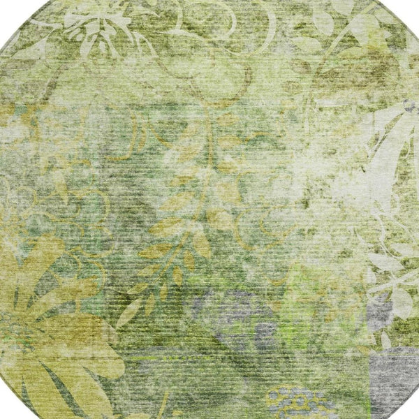 HomeRoots 8' Artichoke Green & Ivory Round Floral Rug - Durable, Washable, Perfect for Indoor/Outdoor Use! 639253