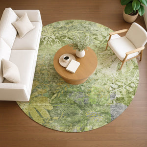 HomeRoots 8' Artichoke Green & Ivory Round Floral Rug - Durable, Washable, Perfect for Indoor/Outdoor Use! 639253