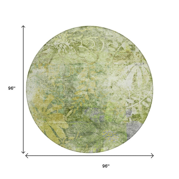 HomeRoots 8' Artichoke Green & Ivory Round Floral Rug - Durable, Washable, Perfect for Indoor/Outdoor Use! 639253