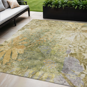 HomeRoots 5' Durable Brown and Ivory Floral Area Rug - Washable Indoor/Outdoor Design for High-Traffic Spaces 639258