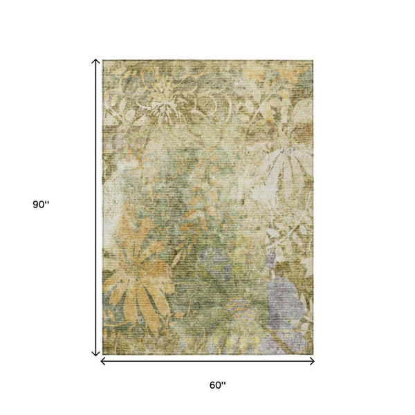 HomeRoots 5' Durable Brown and Ivory Floral Area Rug - Washable Indoor/Outdoor Design for High-Traffic Spaces 639258