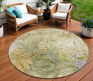 HomeRoots 8' Brown and Ivory Round Floral Area Rug - Washable, Stain-Resistant, Perfect for Indoor & Outdoor Use 639259