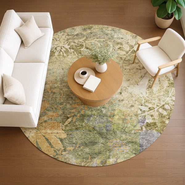 HomeRoots 8' Brown and Ivory Round Floral Area Rug - Washable, Stain-Resistant, Perfect for Indoor & Outdoor Use 639259