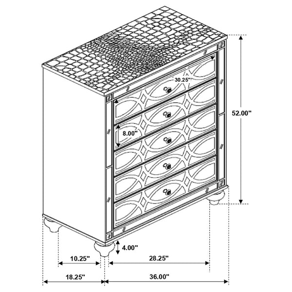 English Elm Arabesque Five Drawer Chest Silver Mirrored Glam Fretwork Crystal Knobs Bedroom B062P441420