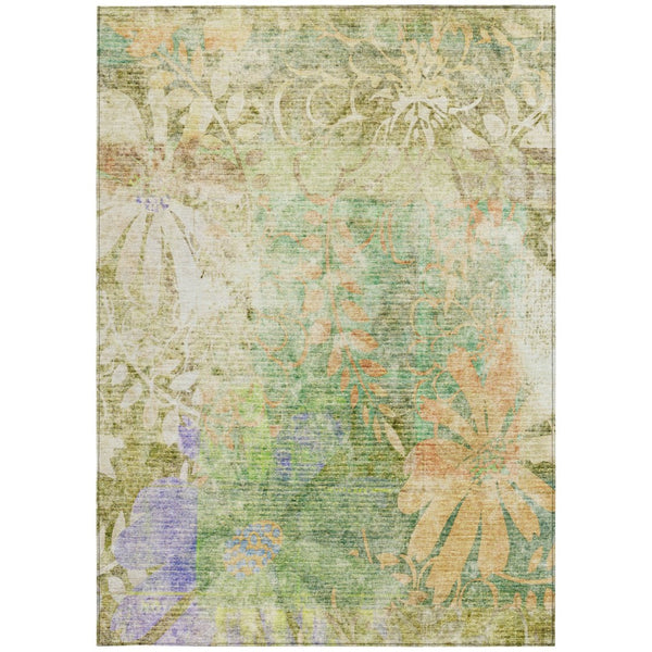 HomeRoots 5' X 8' Floral Indoor Outdoor Area Rug - Green & Ivory, Washable, Stain-Resistant, Durable Design 639264