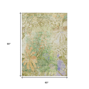HomeRoots 5' X 8' Floral Indoor Outdoor Area Rug - Green & Ivory, Washable, Stain-Resistant, Durable Design 639264