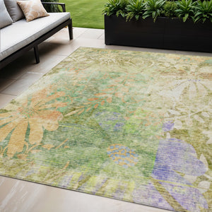 HomeRoots 5' X 8' Floral Indoor Outdoor Area Rug - Green & Ivory, Washable, Stain-Resistant, Durable Design 639264