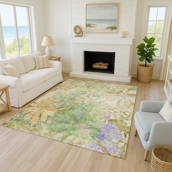 HomeRoots 5' X 8' Floral Indoor Outdoor Area Rug - Green & Ivory, Washable, Stain-Resistant, Durable Design 639264