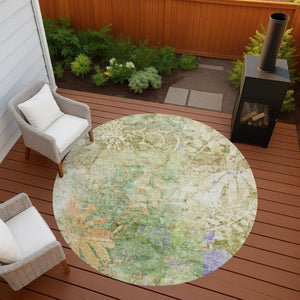 HomeRoots 8' Green and Ivory Round Floral Area Rug – Washable, Durable, Versatile for Indoor & Outdoor Spaces 639265