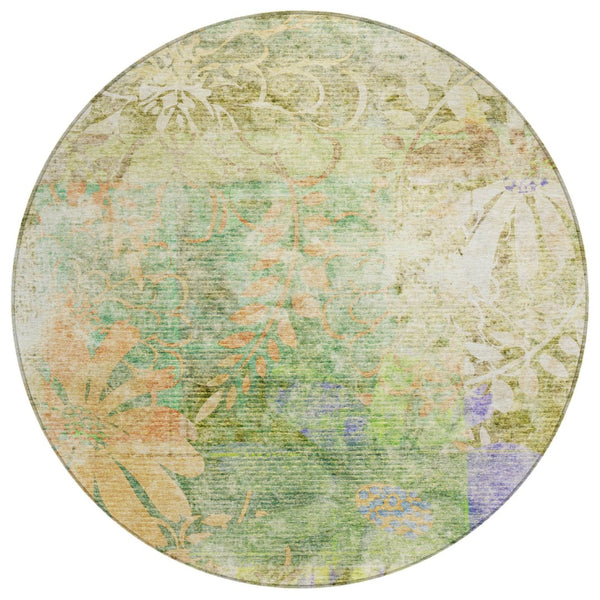 HomeRoots 8' Green and Ivory Round Floral Area Rug – Washable, Durable, Versatile for Indoor & Outdoor Spaces 639265