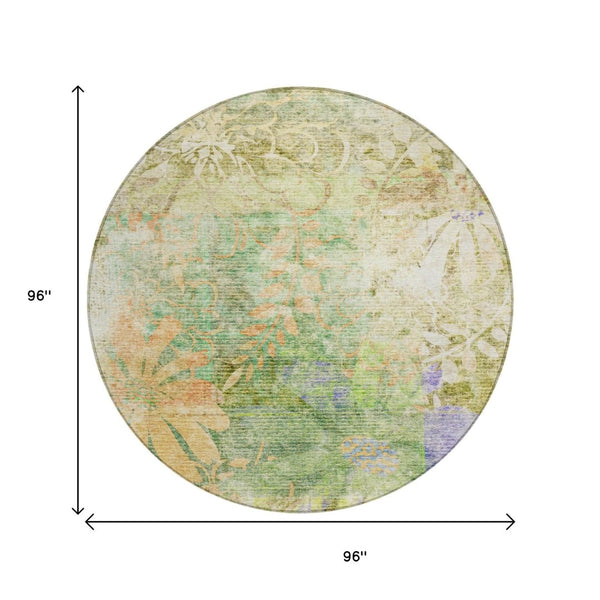 HomeRoots 8' Green and Ivory Round Floral Area Rug – Washable, Durable, Versatile for Indoor & Outdoor Spaces 639265