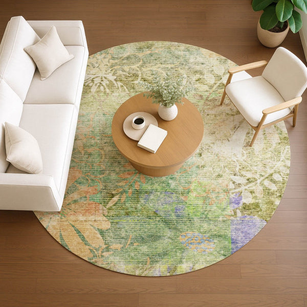 HomeRoots 8' Green and Ivory Round Floral Area Rug – Washable, Durable, Versatile for Indoor & Outdoor Spaces 639265