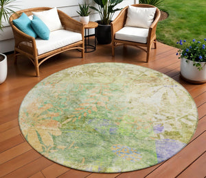 HomeRoots 8' Green and Ivory Round Floral Area Rug – Washable, Durable, Versatile for Indoor & Outdoor Spaces 639265
