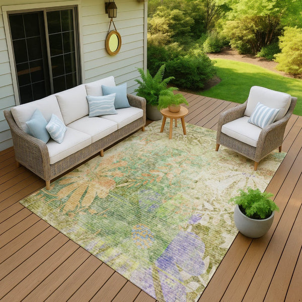 HomeRoots 8' X 10' Green and Ivory Floral Washable Area Rug - Stylish, Durable, and Perfect for Indoor/Outdoor Use 639266