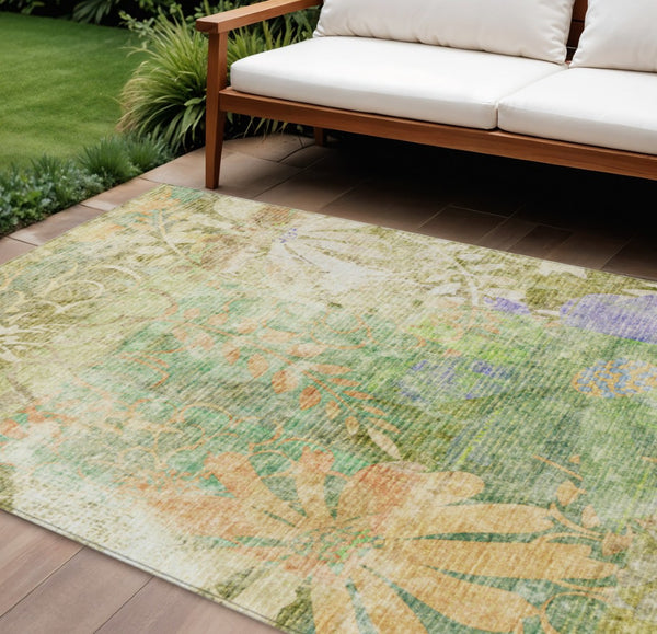 HomeRoots 9' X 12' Green and Ivory Floral Washable Area Rug - Durable, Stylish for Indoor & Outdoor Spaces 639267