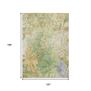 HomeRoots 10' Green & Ivory Floral Washable Area Rug - Durable Indoor/Outdoor Design for High-Traffic Spaces 639268