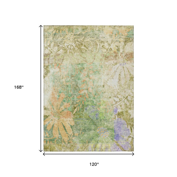 HomeRoots 10' Green & Ivory Floral Washable Area Rug - Durable Indoor/Outdoor Design for High-Traffic Spaces 639268