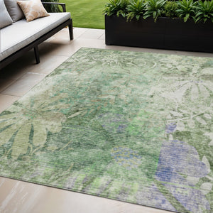HomeRoots 5' Teal Blue & Ivory Floral Washable Area Rug - Durable, Stylish, Indoor/Outdoor for High-Traffic Spaces 639270