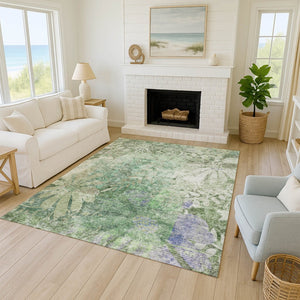 HomeRoots 5' Teal Blue & Ivory Floral Washable Area Rug - Durable, Stylish, Indoor/Outdoor for High-Traffic Spaces 639270